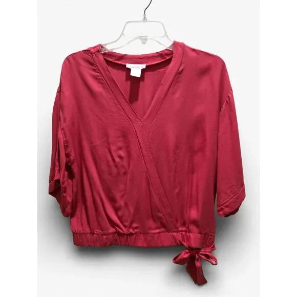 Women’s Burgundy Wrap Front Top | Short Sleeve Tie Waist Blouse | Medium - Picture 6 of 14